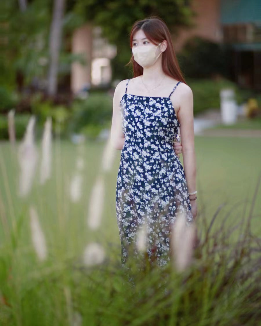 韓國藍色吊帶碎花連身裙