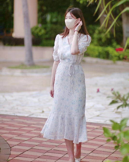 韓國藍色碎花白色連身裙