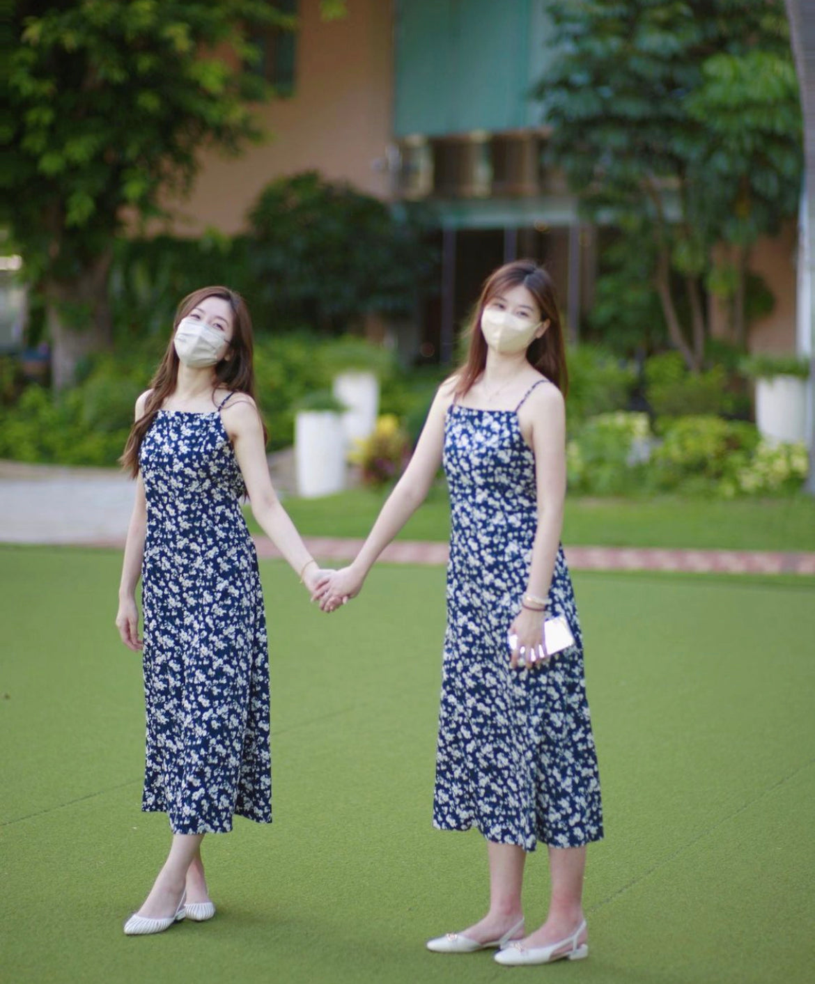 韓國藍色吊帶碎花連身裙